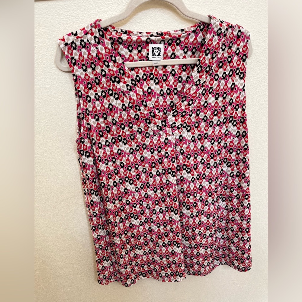 Anne Klein Printed Pleated Sleeveless Top Large